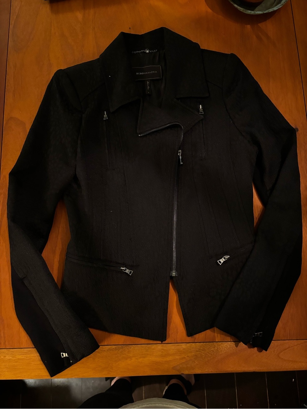 BCBGMaxAzria Black Textured Asymmetrical Zip Moto Jacket